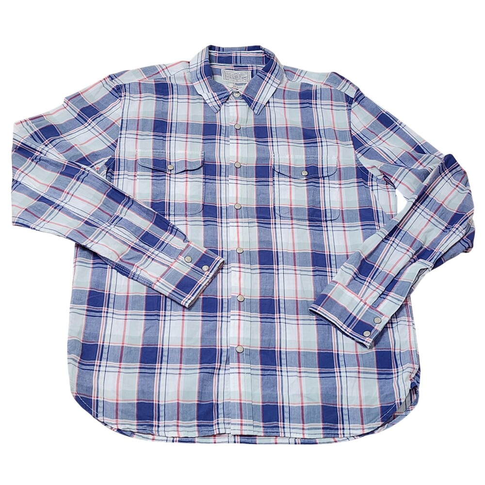Lucky Brand Shirt Mens Medium Blue Plaid Long Sleeve Western Snap Cotton Casual